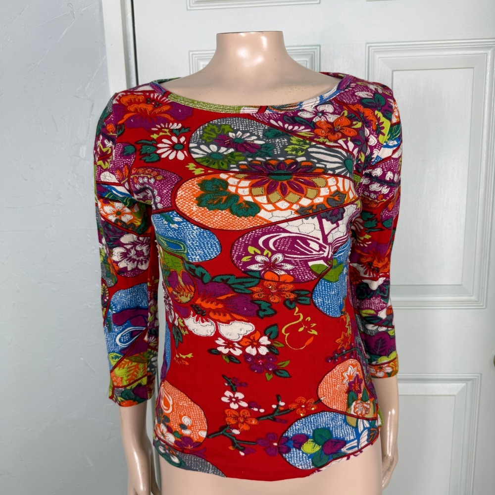 Vintage Y2K Chaudry Sports Shirt Medium Cotton Beaded Floral Knit Baby Hippy Vv6
